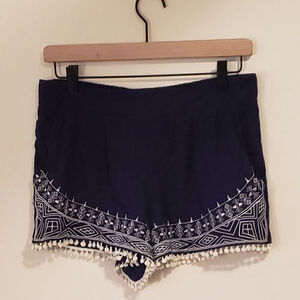 Blue Embroidered Pom Pom Shorts